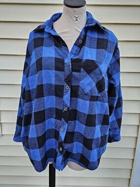 Women's Wild Fable Blue and Black Button-Down Buffalo Plaid Shirt - Size S
